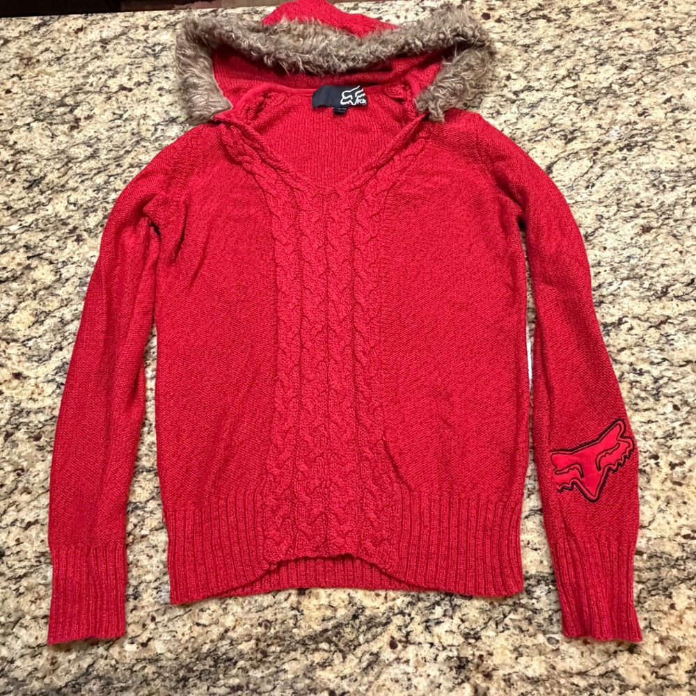 Fox Racing Womens Red Cable Knit Faux Fur Trim Hooded Sweater Logo Large Y2K